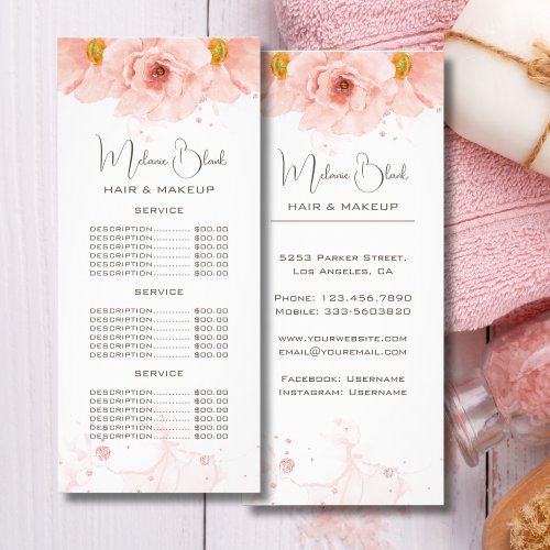 Elegant Watercolor Rose Gold Flowers Price List  Rack Card