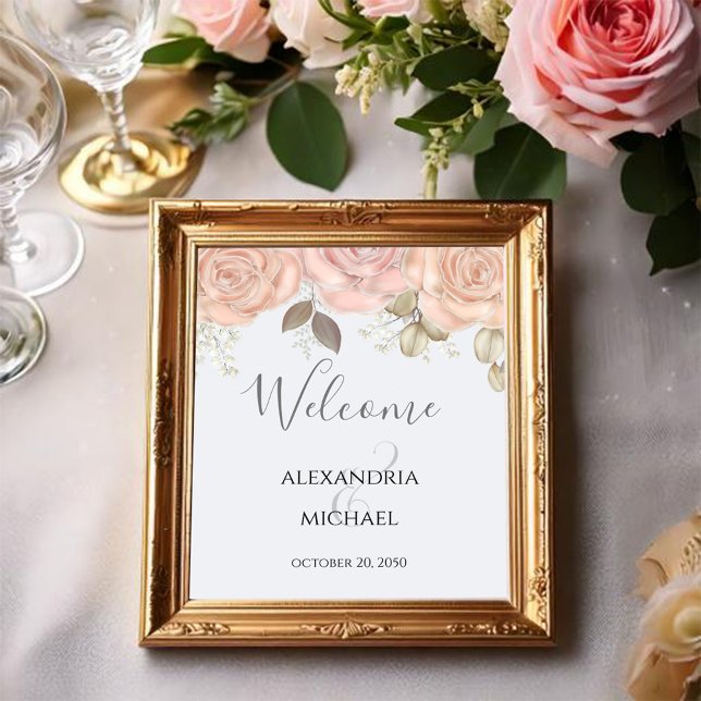 Elegant Watercolor Rose Gold Greenery Foliage Poster (Blush pink and light blue wedding welcome sign)
