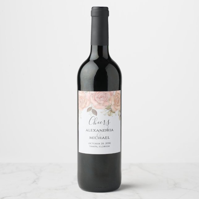 Elegant Watercolor Rose Gold Greenery Foliage Wine Label (Front)