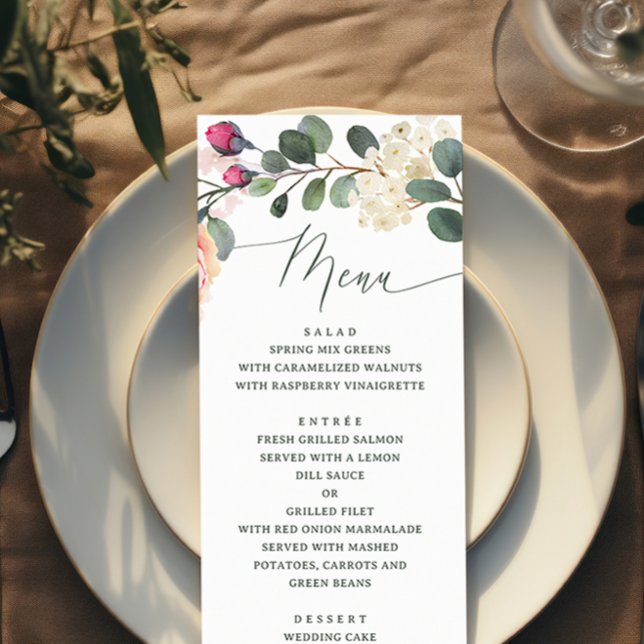 Elegant Watercolor Rose & Greenery. Floral Wedding Menu (Creator Uploaded)