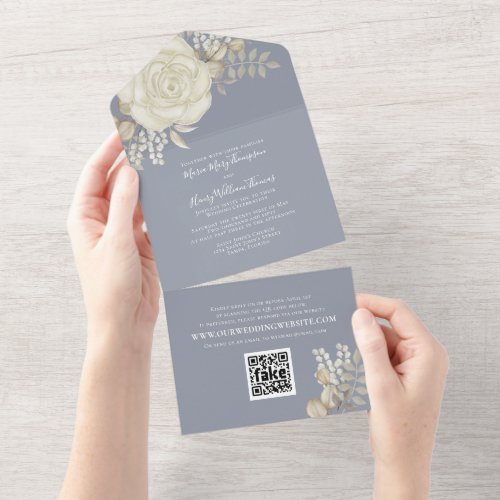 Elegant Watercolor Rose Ivory Foliage QR Code All In One Invitation