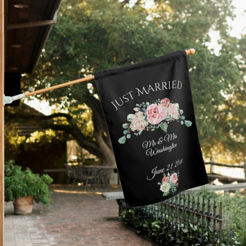 Elegant Watercolor Rose  Just Married Date Wedding House Flag