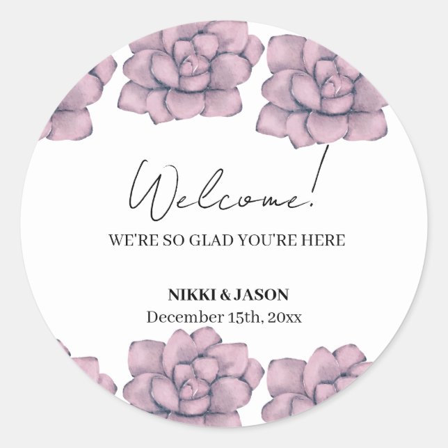 Elegant Watercolor Rose Minimal Wedding Welcome  Classic Round Sticker (Front)