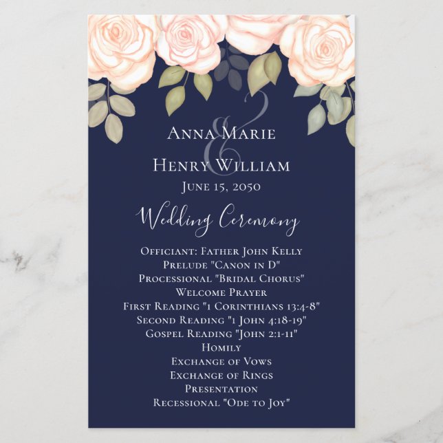 Elegant Watercolor Rose Navy Blue Wedding Program (Front)