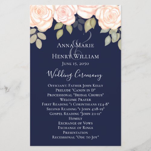 Elegant Watercolor Rose Navy Blue Wedding Program