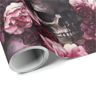 Elegant Watercolor Rose Skull Halloween Wrapping Paper