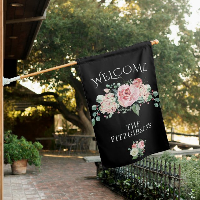 Elegant Watercolor Rose  WELCOME  House Flag (In SItu)