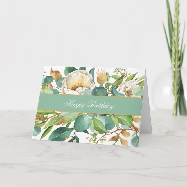 Elegant Watercolor Roses and Eucalyptus Card (Front)