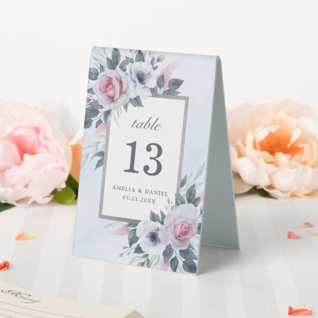 Elegant Watercolor Roses Blue Wedding Number Table Tent (In SItu (Wedding))