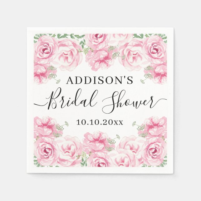 Elegant Watercolor Roses Bridal Shower Napkins (Front)
