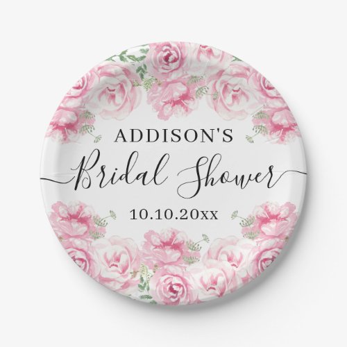 Elegant Watercolor Roses Bridal Shower Paper Plates
