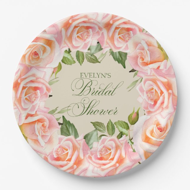 Elegant Watercolor Roses Bridal Shower Paper Plates (Front)