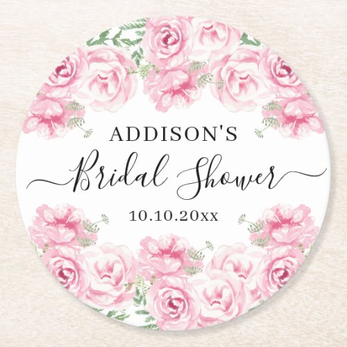 Elegant Watercolor Roses Bridal Shower Round Paper Coaster