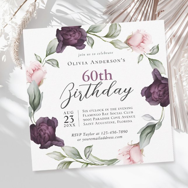 Elegant Watercolor Roses Floral 60th Birthday Invitation (Available in both printed and instant download digital formats.)