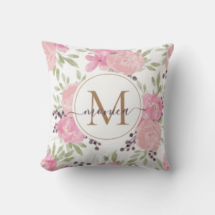 Elegant Watercolor Roses Floral Gold Monogrammed Throw Pillow