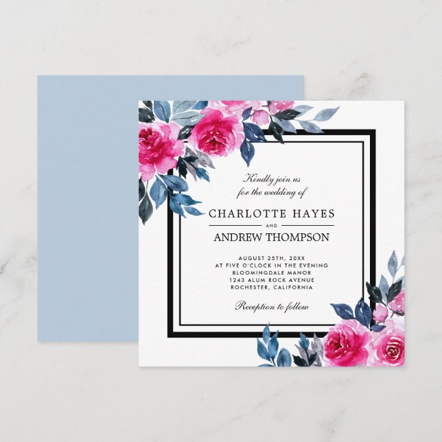 Elegant Watercolor Roses Floral Square Wedding Invitation (Front/Back)