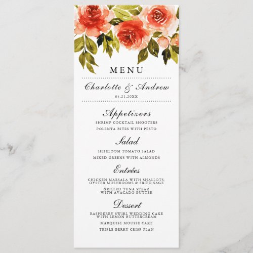 Elegant Watercolor Roses Floral Wedding Menu