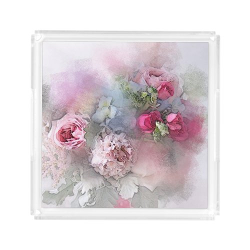 Elegant Watercolor Roses Flowers Bouquet Floral Acrylic Tray