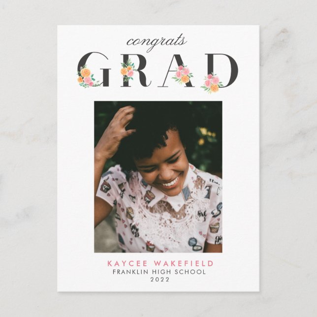 Elegant Watercolor Roses Graduation Photo Postcard (Front)