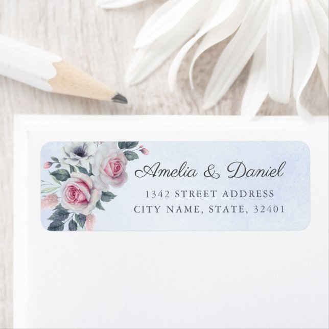 Elegant Watercolor Roses Light Blue Wedding  Label (Insitu)