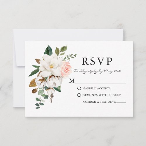Elegant Watercolor Roses Magnolias Wedding RSVP Card