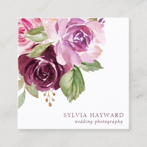 Elegant Watercolor Roses Purple Floral Square Business Card