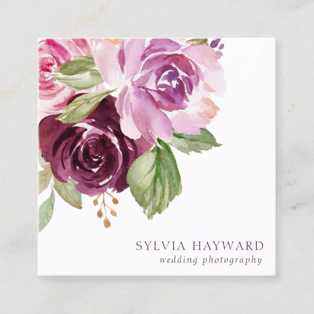 Elegant Watercolor Roses Purple Floral Square Business Card | Zazzle