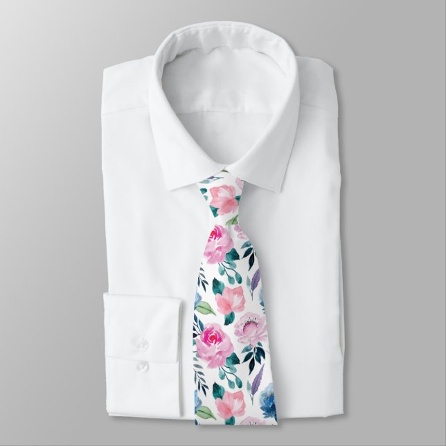 Elegant Watercolor Roses Wedding Pattern Neck Tie (Tied)