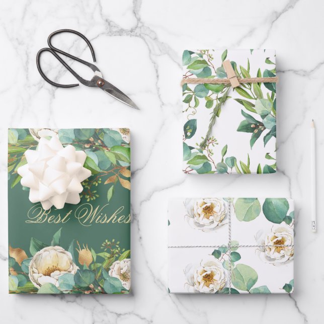 Elegant Watercolor Roses with Eucalyptus Wrapping Paper Sheets (Front)
