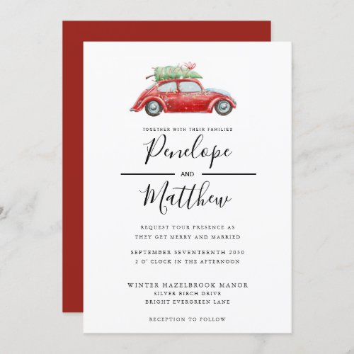 Elegant Watercolor Rustic Car Christmas Wedding Invitation