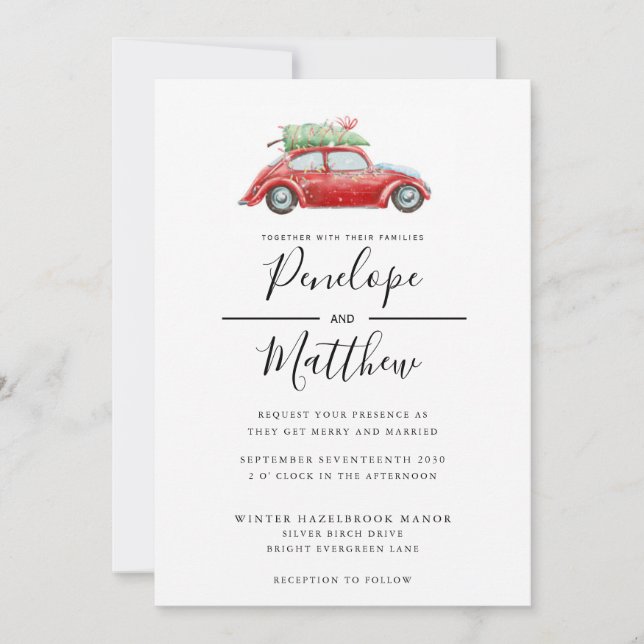 Elegant Watercolor Rustic Car Christmas Wedding Invitation (Front)