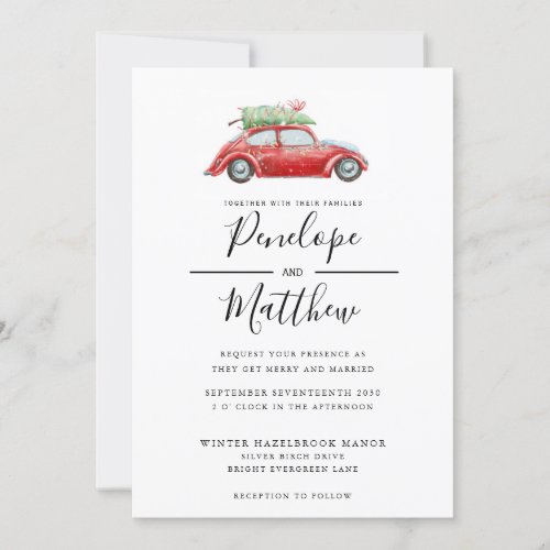 Elegant Watercolor Rustic Car Christmas Wedding Invitation