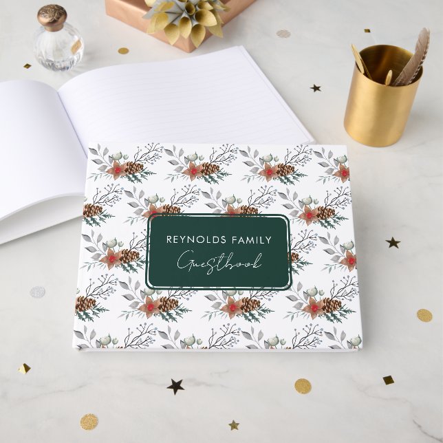 Elegant Watercolor Rustic Christmas Holiday Guest Book (Front Open)