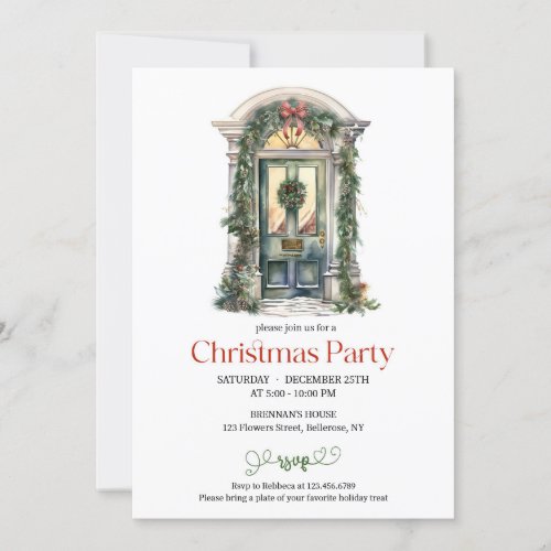 Elegant watercolor rustic green Christmas door Invitation