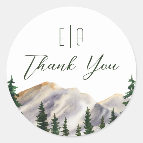 Elegant Watercolor Rustic Mountains Weddings Classic Round Sticker