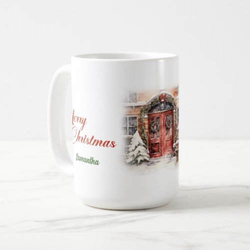 Elegant watercolor rustic red door snow pine tree  coffee mug