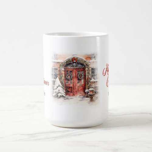 Elegant watercolor rustic red door snow pine tree  coffee mug