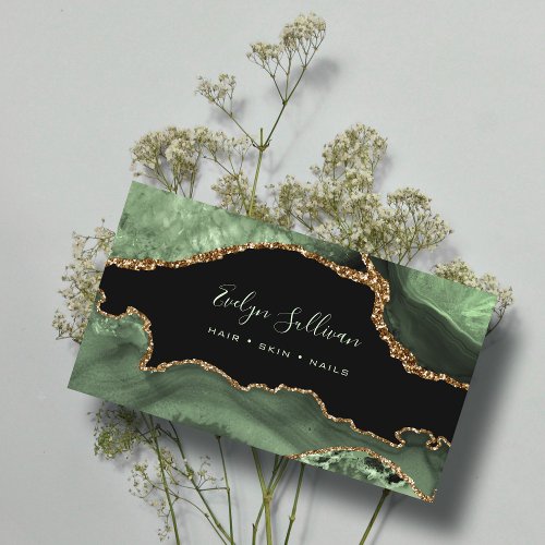 elegant watercolor sage green agate business card