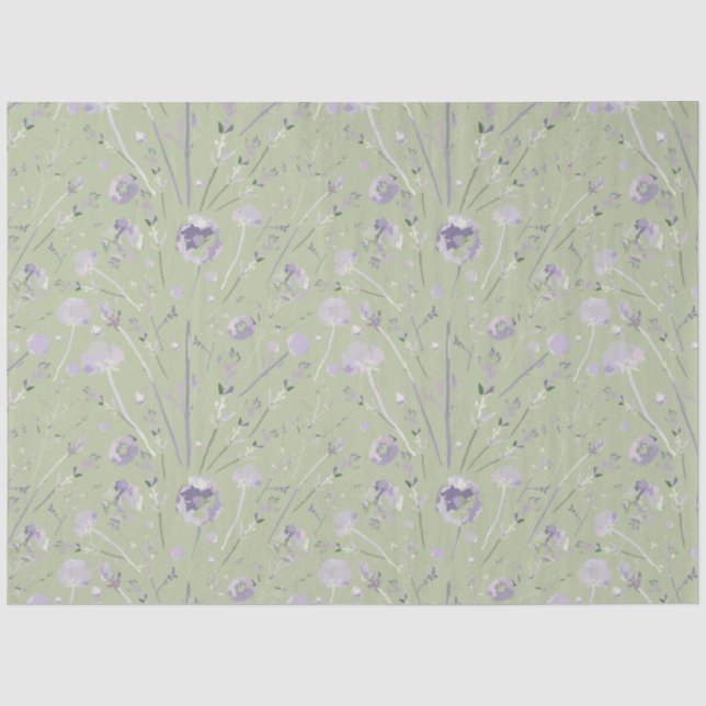 Elegant Watercolor Sage Green Purple Floral Tissue Paper (Front)