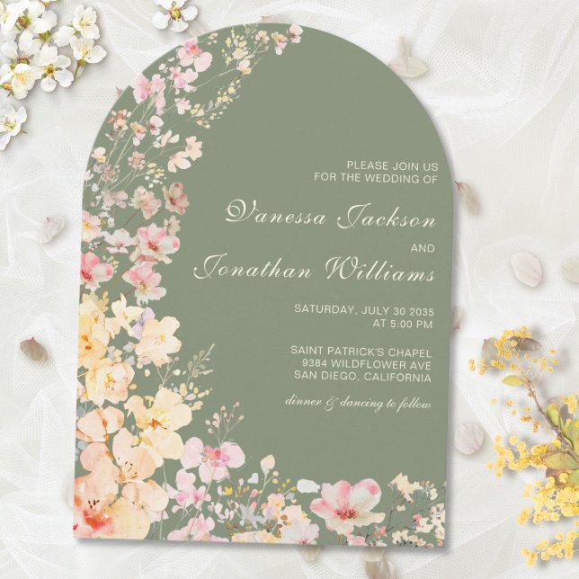 Elegant Watercolor Sage Green Wildflowers Wedding Invitation (Creator Uploaded)