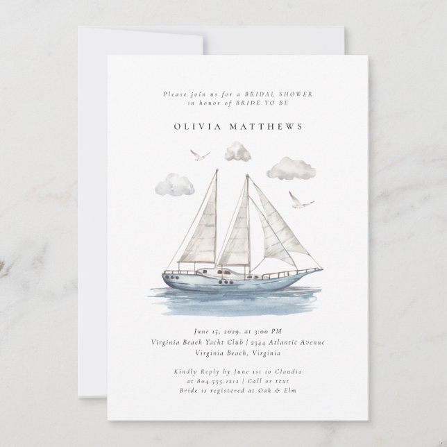 Elegant Watercolor Sailing Yacht Bridal Shower  Invitation (Front)