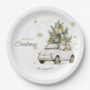 Elegant Watercolor Santa Car Snow Christmas Party Paper Plates