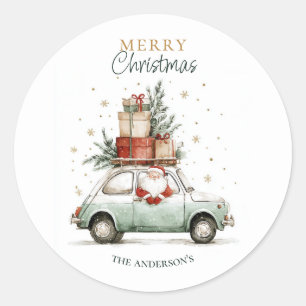 Elegant Watercolor Santa Car Snow Merry Christmas Classic Round Sticker