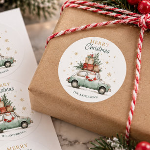 Elegant Watercolor Santa Car Snow Merry Christmas Classic Round Sticker