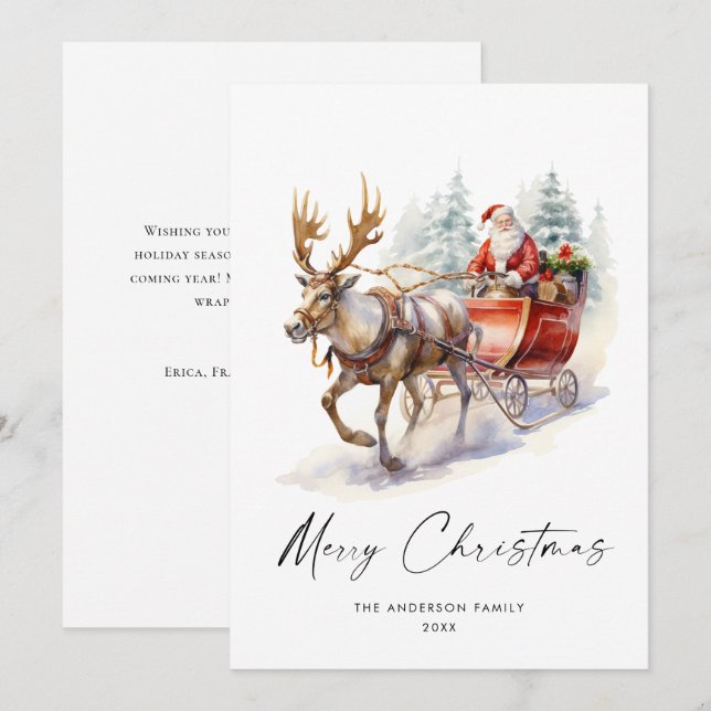 Elegant Watercolor Santa Claus Christmas Deer Holiday Card (Front/Back)