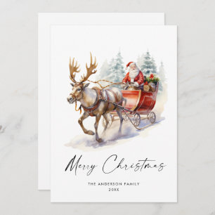 Elegant Watercolor Santa Claus Christmas Deer Holiday Card