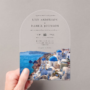 Elegant Watercolor Santorini Greece Wedding Arch Acrylic Invitations
