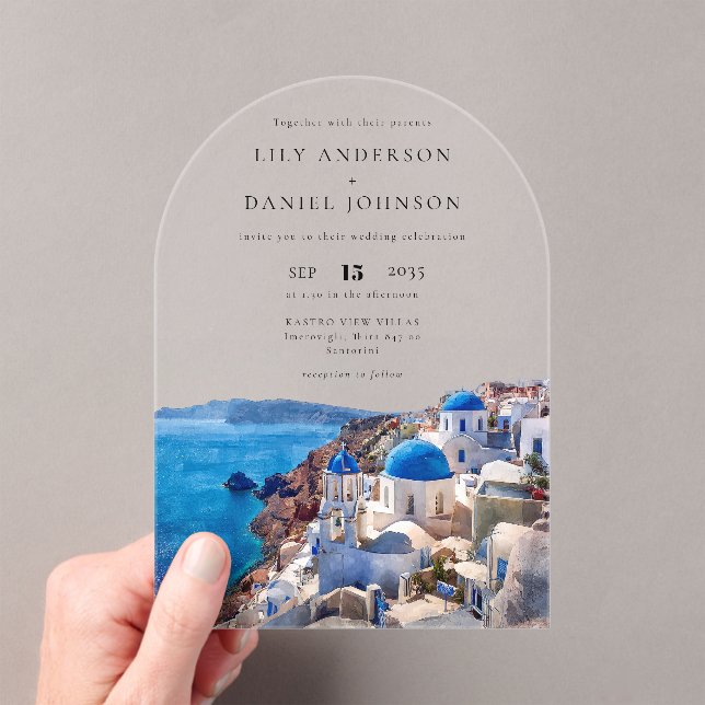 Elegant Watercolor Santorini Greece Wedding Arch Acrylic Invitations (Insitu (Handheld))