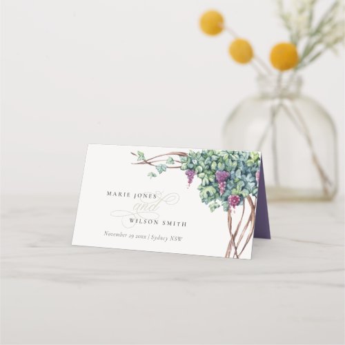 Elegant Watercolor Script Grapevine Wedding Place Card