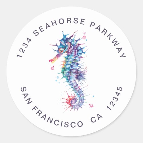 Elegant Watercolor Seahorse Return Address Classic Round Sticker